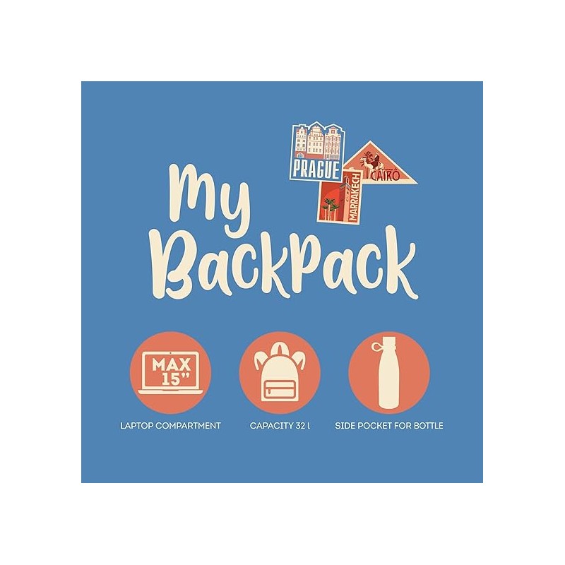 Legami - Zaino Viaggio Scuola 32 L, My Backpack, Foderato E Imbottito, 35 X 45 X 20 Cm - Travel Stickers