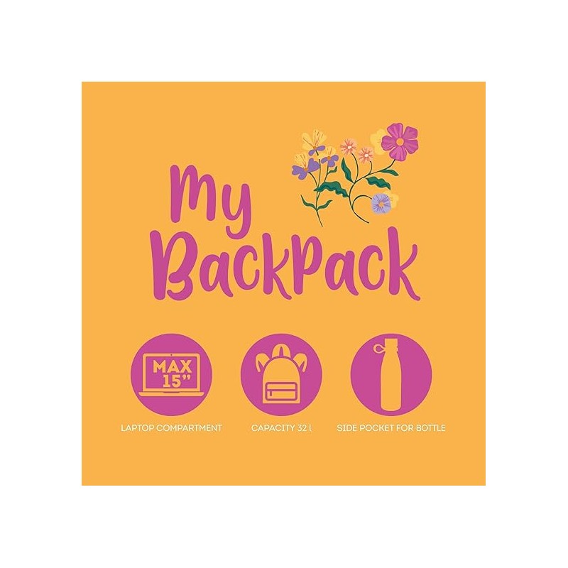 Legami - Zaino Viaggio Scuola 32 L, My Backpack, Foderato E Imbottito, 35 X 45 X 20 Cm - Wildflowers