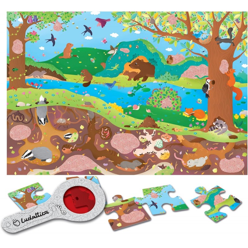 Ludattica - Secret Puzzle Il Bosco Sottospra | Puzzle 24 Pezzi Con Lente Spia | Bambini 3+