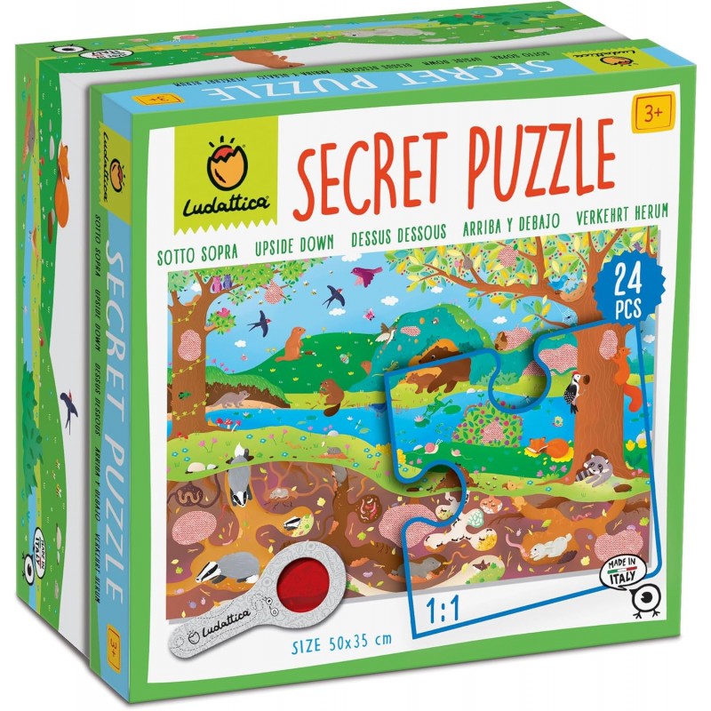 Ludattica - Secret Puzzle Il Bosco Sottospra | Puzzle 24 Pezzi Con Lente Spia | Bambini 3+