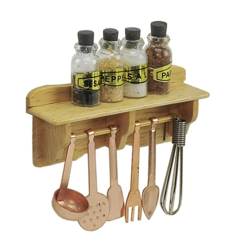 Mensola Legno Con Barattoli Spezie E Mestoli In Rame Cm.7x8