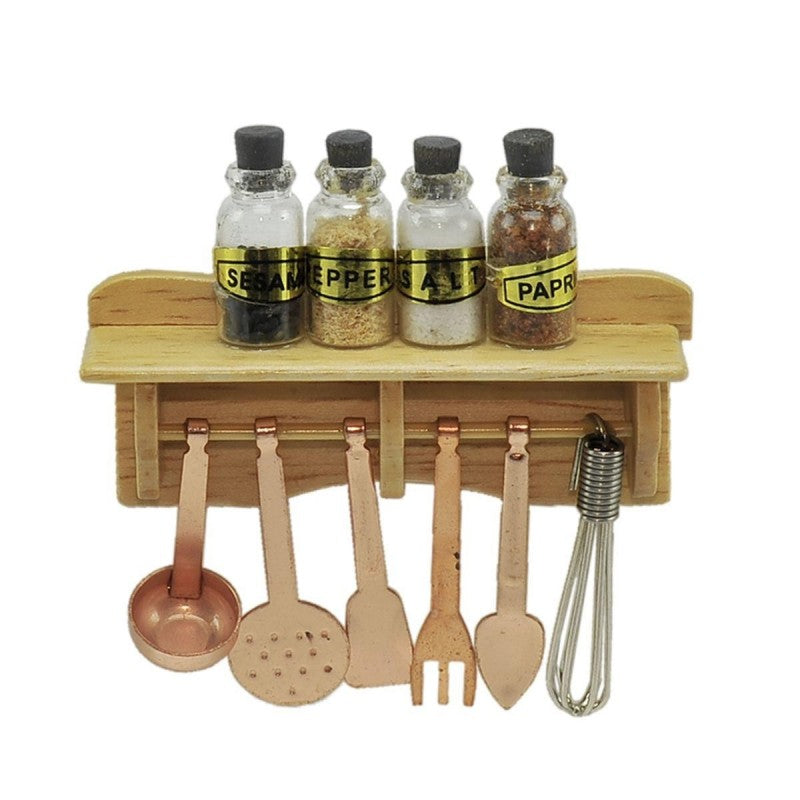 Mensola Legno Con Barattoli Spezie E Mestoli In Rame Cm.7x8