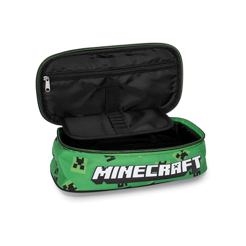 Minecraft - Astuccio Scuola Ovale Minecraft, Con Divisorio Interno Con Passanti Elastici, 22x7hx9,5 Cm, Verde