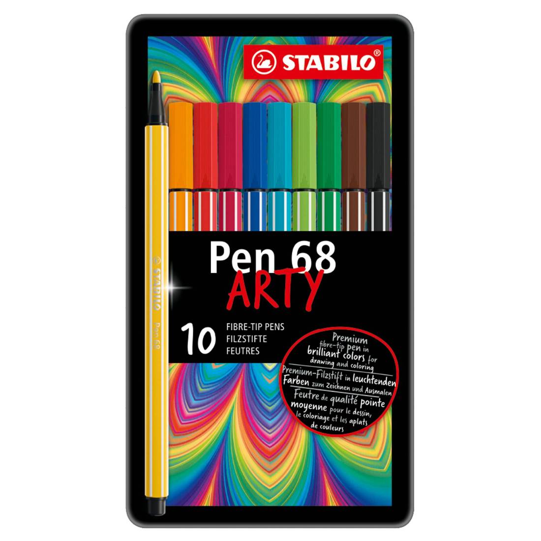 STABILO Pen 68 – Scatola in Metallo da 10 Pennarelli a Colori Assortiti