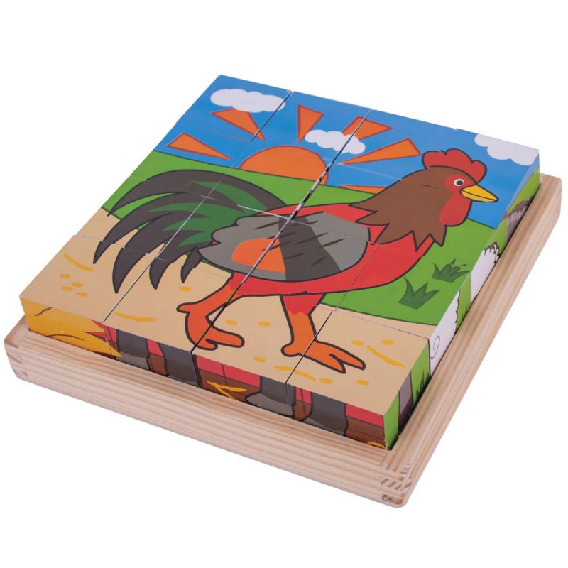 Puzzle Cubi In Legno "animali Della Fattoria" - Bigjigs Toys