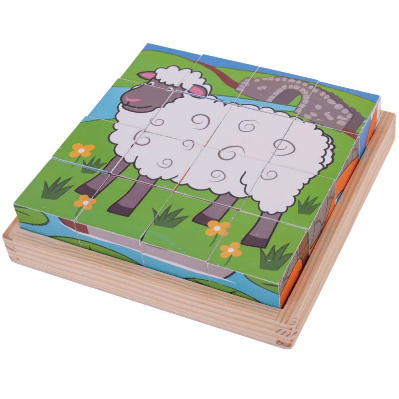 Puzzle Cubi In Legno "animali Della Fattoria" - Bigjigs Toys