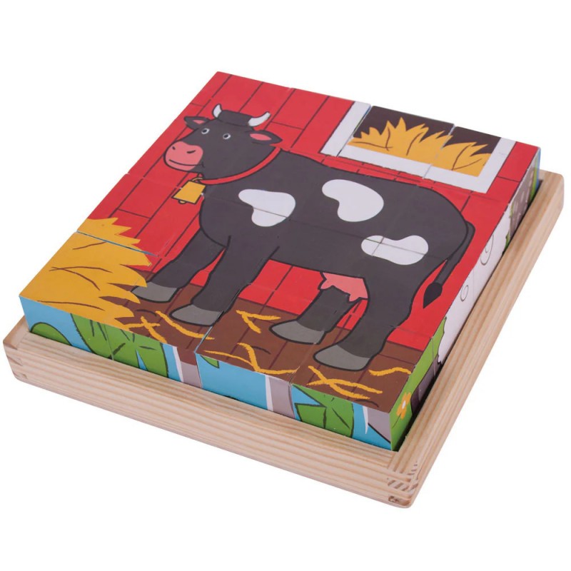 Puzzle Cubi In Legno "animali Della Fattoria" - Bigjigs Toys