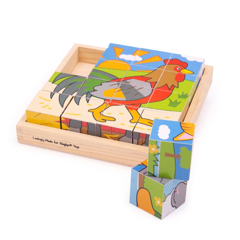 Puzzle Cubi In Legno "animali Della Fattoria" - Bigjigs Toys