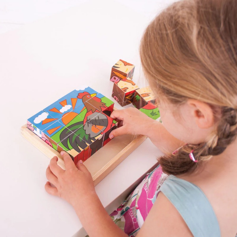 Puzzle Cubi In Legno "animali Della Fattoria" - Bigjigs Toys