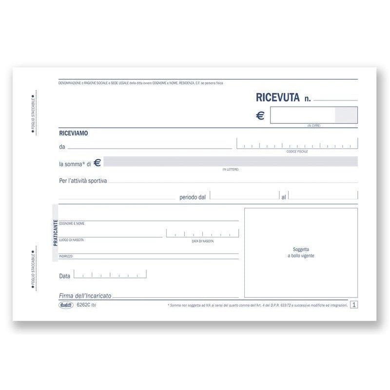 Ricevute Di Pagamento Per Attività Sportive Dilettantistiche - Blocco 50/50 Fogli Autoricalcanti - 11,5x16,5 Cm