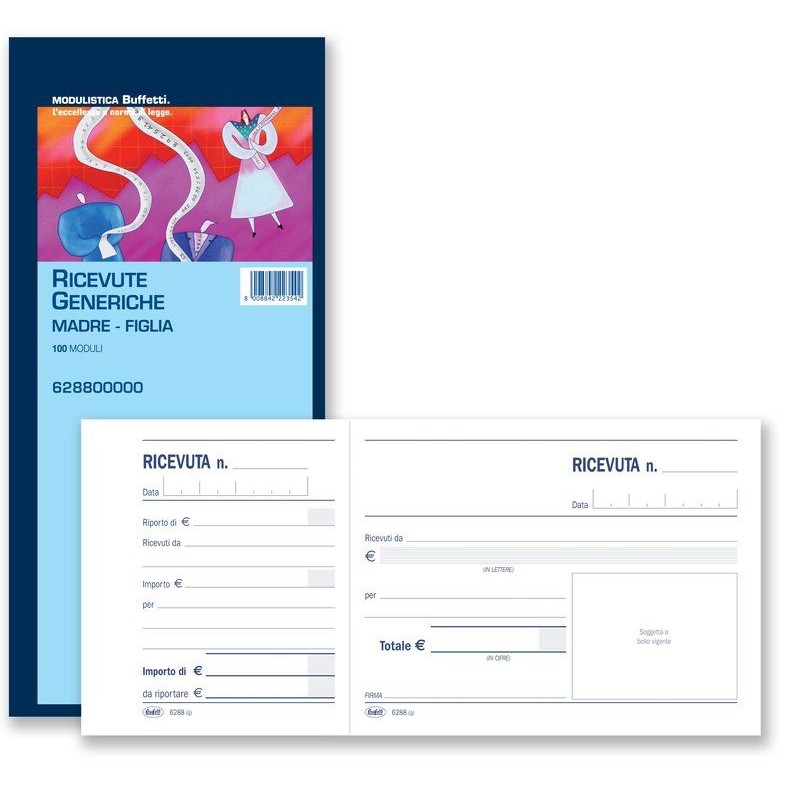 Ricevute Generiche Di Denaro, Madre - Figlia - Blocco 100 Fogli - 2 Tagliandi - 10x21,5 Cm