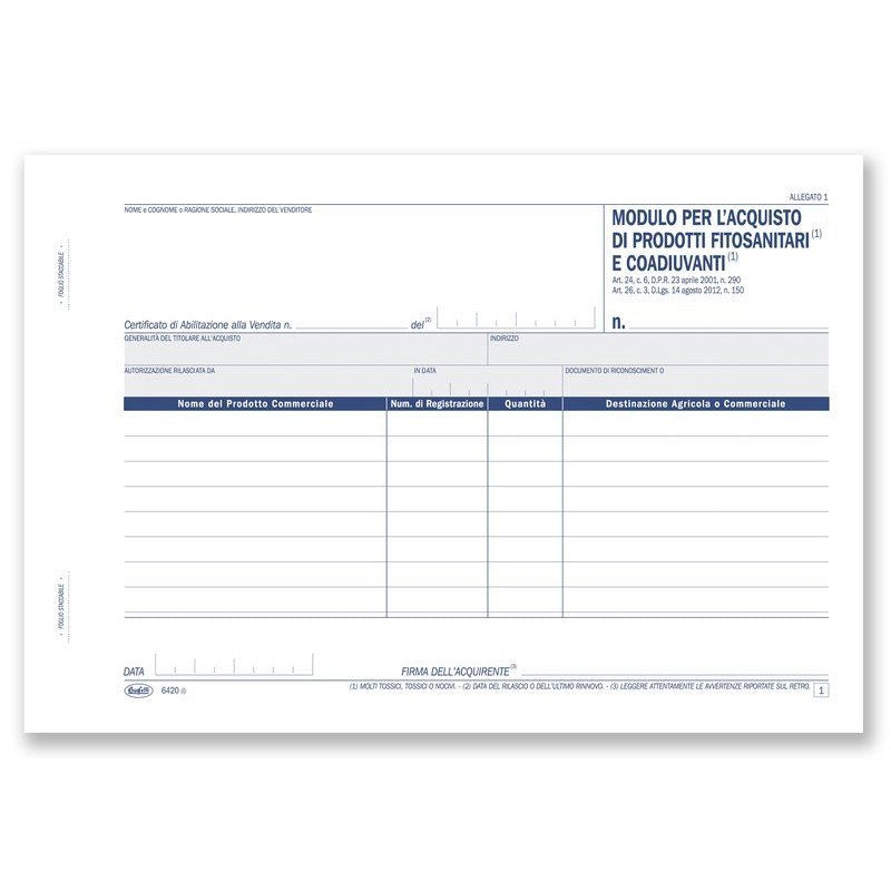 Scheda Acquisto Prodotti Fitosanitari E Coadiuvanti - Blocco 50/50 Fogli Autoricalcante - 14,8x21,5 Cm