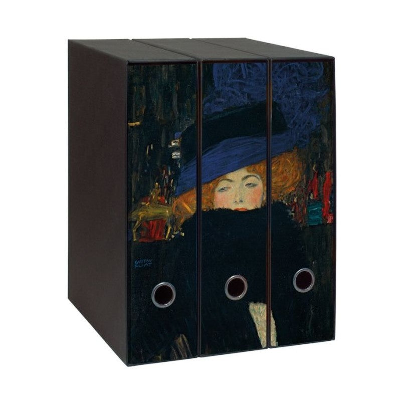 Set 3 Raccoglitori Image - Formato Protocollo - Dorso 8 Cm - Gustav Klimt - Signora Con Cappello E Boa Di Piume