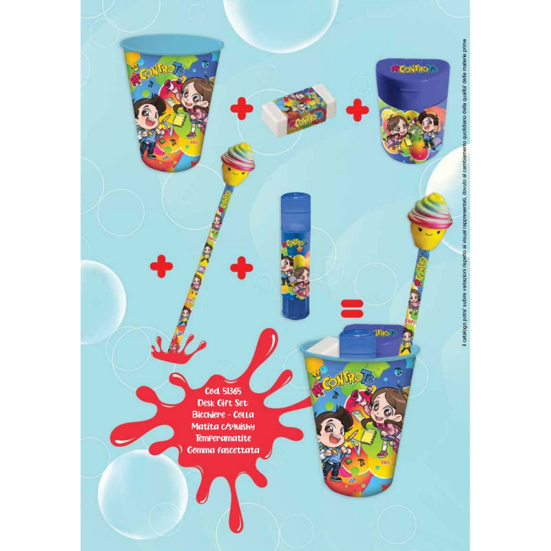 Set Accessori Scuola Me Contro Te - Matita Squishy + Temperino + Gomma + Colla Stick