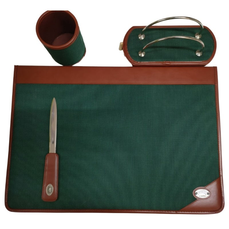 Set Ufficio In Tessuto E Pelle Con Scrittoio, Tagliacarte, Portacarte E Portapenne - Pieffe