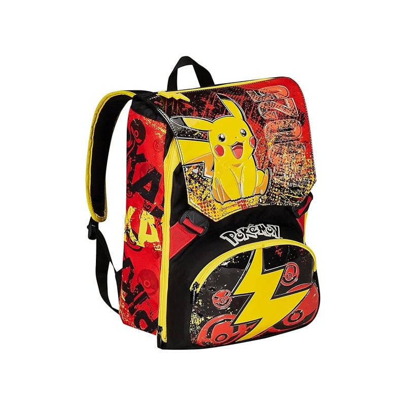 Seven Zaino Estensibile Pokemon - Pikachu, Giallo Rosso - Zaino Doppio Scomparto Sdoppiabile Con Tasca Porta Borraccia