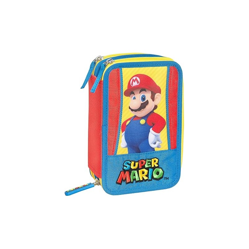 Super Mario - Astuccio Scuola 3 Scomparti Con Set Cancelleria, 20x13hx7 Cm